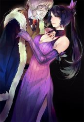 Rule 34 | 1girl, bare shoulders, black hair, breasts, cleavage, commentary, dress, earrings, elbow gloves, gijang, gloves, hair ornament, hiver laurant, jewelry, large breasts, long hair, looking at viewer, michele malebranche, necklace, nein (album), orange eyes, ponytail, purple dress, purple gloves, roman (sound horizon), skeleton, smile, sound horizon, white hair