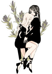 Rule 34 | 2girls, absurdres, black dress, black flower, black footwear, black hair, closed eyes, closed mouth, collarbone, commentary request, crying, dress, flower, highres, long hair, maru (memoriatechnica), multiple girls, original, parted lips, profile, purple eyes, shoe soles, shoes, simple background, sitting, smile, tears, very long hair, white background, white hair