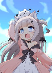Rule 34 | 1girl, :d, absurdres, animal, animal ear fluff, animal ears, animal on head, black bow, black choker, blue eyes, blush, bow, bow choker, breasts, cat, cat on head, character request, choker, cleavage, cowboy shot, demon wings, dress, dress bow, fang, grey hair, hair ornament, hairpin, hand up, highres, long hair, long sleeves, mogura2009, multicolored clothes, multicolored dress, off shoulder, on head, open mouth, original, pink dress, simple background, small breasts, smile, solo, standing, two side up, very long hair, virtual youtuber, white dress, wings
