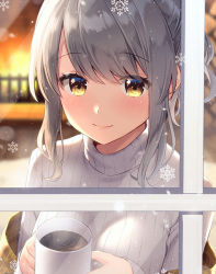 Rule 34 | 1girl, blurry, blush, breasts, closed mouth, coffee, coffee mug, commentary request, cup, depth of field, fireplace, grey hair, grey sweater, holding, holding cup, indoors, long hair, long sleeves, looking at viewer, masuishi kinoto, medium breasts, mug, official art, original, ribbed sweater, sidelocks, sleeves past wrists, smile, snowflakes, snowing, solo, steam, sweater, upper body, window, winter, yellow eyes