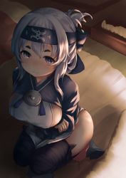 Rule 34 | 1girl, ainu clothes, bandages, barefoot, bed, black thighhighs, blue eyes, cropped jacket, folded ponytail, headband, highres, inushida (dogsheepsheep), kamoi (kancolle), kantai collection, long sleeves, looking at viewer, pelvic curtain, sidelocks, smile, solo, squatting, thick eyebrows, thighhighs, tissue box, white hair, wrist guards