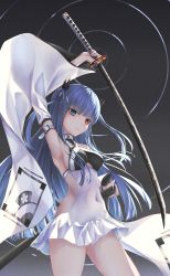 Rule 34 | 1girl, absurdres, amane utata, armpits, azur lane, blue eyes, blue hair, breasts, commentary request, detached sleeves, dress, from below, heterochromia, highres, holding, holding sword, holding weapon, ibuki (azur lane), katana, long hair, looking at viewer, looking down, medium breasts, red eyes, short dress, sideboob, solo, sword, very long hair, weapon, white dress, white sleeves, wide sleeves