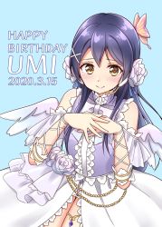 Rule 34 | 1girl, bad id, bad twitter id, blue hair, blush, butterfly hair ornament, character name, commentary request, dated, english text, flower, hair between eyes, hair flower, hair ornament, hairclip, hands on own chest, happy birthday, highres, long hair, looking at viewer, love live!, love live! school idol project, microphone, simple background, smile, solo, sonoda umi, takochan77, wings