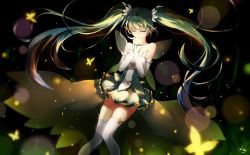 Rule 34 | 1girl, detached sleeves, dress, closed eyes, floating hair, green hair, hair ornament, hatsune miku, highres, long hair, luo qingyu, pointy ears, short dress, sleeveless, sleeveless dress, solo, strapless, strapless dress, thighhighs, twintails, very long hair, vocaloid, white thighhighs