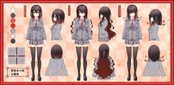 Rule 34 | 1girl, absurdres, artist request, black footwear, black thighhighs, blazer, breast pocket, breasts, brown hair, character sheet, collared shirt, color guide, crossed bangs, full body, grey jacket, grey skirt, hair between eyes, hair over one eye, hair ribbon, highres, indie virtual youtuber, jacket, katanashi nanashi, long hair, multicolored clothes, multicolored hair, multicolored skirt, necktie, official alternate hair length, official alternate hairstyle, plaid, plaid skirt, pocket, red eyes, red hair, red necktie, ribbon, second-party source, shirt, shoes, skirt, streaked hair, thighhighs, virtual youtuber, white ribbon, white shirt