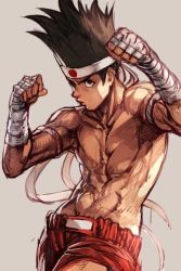 Rule 34 | 1boy, black hair, brown hair, fatal fury, fingerless gloves, gloves, headband, hungry clicker, joe higashi, long hair, looking at viewer, male focus, muscular, shorts, snk, solo, the king of fighters, topless male