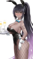 Rule 34 | 1girl, absurdres, animal ears, bare shoulders, black hair, black leotard, blue archive, blush, bow, bowtie, breasts, cleavage, cup, dark-skinned female, dark skin, detached collar, drinking glass, fake animal ears, fishnet pantyhose, fishnets, gloves, highleg, highleg leotard, highres, karin (blue archive), karin (bunny) (blue archive), large breasts, leotard, long hair, looking at viewer, pantyhose, playboy bunny, ponytail, rabbit ears, sidelocks, solo, thighs, tio (005), traditional bowtie, tray, white gloves, yellow eyes