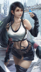Rule 34 | 1girl, bare shoulders, black gloves, black hair, black skirt, blue butterfly, breasts, brown eyes, bug, butterfly, butterfly on hand, cleavage, dated, earrings, final fantasy, final fantasy vii, final fantasy vii remake, fingerless gloves, gloves, grate, highres, insect, jewelry, large breasts, long hair, low-tied long hair, midriff, navel, outdoors, pencil skirt, peng wang, power lines, road, sewer grate, shirt, skirt, street, suspender skirt, suspenders, tank top, taut clothes, taut shirt, thighhighs, thighs, tifa lockhart