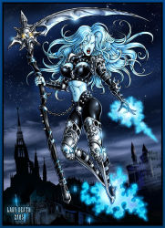 Rule 34 | 1girl, armor, bikini armor, blank eyes, blue skin, breasts, cape, castle, chain, chaos! comics, church, cleavage, cloud, colored skin, cross, fantasy, glowing, glowing eyes, goth fashion, lady death, large breasts, lingerie, long hair, magic, medieval, monochrome, night, open mouth, scythe, skull, sky, solo, star (sky), star (symbol), starry sky, sword, undead, underwear, weapon