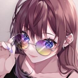 1girl adjusting_eyewear ahoge bare_shoulders black_shirt blue_eyes blurry blush brown_hair close-up closed_mouth collarbone depth_of_field earrings gradient-tinted_eyewear grey_background hair_between_eyes hand_up highres ichinose_shiki idolmaster idolmaster_cinderella_girls idolmaster_cinderella_girls_starlight_stage jewelry long_hair looking_at_viewer nail_polish purple_nails round_eyewear sasakichi_(ssk_chi) shirt simple_background sleeveless sleeveless_shirt smile solo sunglasses tinted_eyewear wavy_hair