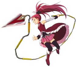 Rule 34 | 10s, 1girl, bare shoulders, black thighhighs, boots, bow, chain, clenched teeth, detached sleeves, full body, grin, grinding teeth, hair bow, knee boots, long hair, magical girl, mahou shoujo madoka magica, mahou shoujo madoka magica (anime), official art, polearm, ponytail, red eyes, red footwear, red hair, sakura kyoko, smile, solo, spear, teeth, thighhighs, transparent background, weapon, zettai ryouiki
