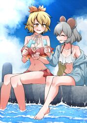 Rule 34 | 2girls, alternate costume, animal ears, aqua jacket, bare shoulders, bikini, black bikini, black hair, blonde hair, blue sky, blush, breasts, closed eyes, cloud, cloudy sky, collarbone, commentary request, commission, food, full body, grey hair, hair ribbon, highres, holding, holding food, holding ice cream, ice cream, jacket, leaning forward, ledge, looking at another, medium breasts, midriff, mouse ears, mouse girl, multicolored hair, multiple girls, navel, nazrin, o-ring, o-ring bikini, off-shoulder bikini, off shoulder, open clothes, orange eyes, orange ribbon, outdoors, red bikini, ribbon, scavia10, short hair, signature, sitting, skeb commission, sky, small breasts, stomach, streaked hair, swimsuit, toramaru shou, touhou, two-tone hair, water, wet