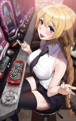 Rule 34 | 1girl, absurdres, ashtray, bare shoulders, black necktie, black shorts, black thighhighs, blonde hair, blue eyes, blurry, blurry background, blush, braid, casino, cigarette, collared shirt, commentary request, fate/grand order, fate (series), female focus, highres, holding, holding cigarette, indoors, jeanne d&#039;arc (fate), jeanne d&#039;arc (ruler) (fate), long hair, looking at viewer, mouth hold, necktie, shirt, short necktie, shorts, single braid, sitting, skindentation, sleeveless, sleeveless shirt, smoke, smoking, solo, suou-sensei, thighhighs, too many, very long hair