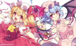 Rule 34 | 2girls, :d, artist name, ascot, bat wings, blonde hair, blue hair, blush, bow, brooch, commentary request, cowboy shot, crystal, dress, flandre scarlet, frilled shirt collar, frills, grin, hair between eyes, hands on own chest, hat, hat bow, hat ribbon, jewelry, long hair, looking at viewer, masaru.jp, mob cap, multiple girls, one side up, open mouth, outstretched arms, pink dress, pink headwear, puffy short sleeves, puffy sleeves, red bow, red eyes, red ribbon, red skirt, red vest, remilia scarlet, ribbon, shirt, short sleeves, siblings, simple background, sisters, skirt, skirt set, smile, touhou, twitter username, vest, white background, white headwear, white shirt, wings, wrist cuffs, yellow ascot