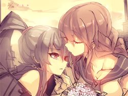Rule 34 | 10s, 2girls, bad id, bad pixiv id, black hair, braid, breasts, cis (carcharias), cleavage, flower, imminent kiss, kantai collection, long hair, multiple girls, muted color, noshiro (kancolle), ponytail, red eyes, revision, tears, yahagi (kancolle), yuri