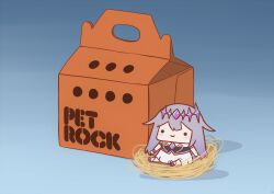 Rule 34 | 1girl, absurdres, bird nest, blue background, box, cardboard box, chest jewel, crown, crystal, dress, gem, grey hair, hair ornament, highres, hololive, hololive english, jewelry, koseki bijou, koseki bijou (1st costume), long hair, pet rock, phdpigeon, simple background, smile, solo, virtual youtuber, walfie (style), white dress