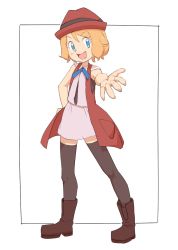 Rule 34 | 1girl, bad id, bad pixiv id, blue eyes, boots, brown footwear, creatures (company), full body, game freak, hand on own hip, hat, light brown hair, nintendo, nyonn24, open mouth, outstretched arm, pink skirt, pokemon, pokemon (anime), pokemon xy, pokemon xy (anime), serena (pokemon), skirt, solo, thighhighs, zettai ryouiki