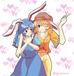 Rule 34 | 2girls, :t, animal ears, blonde hair, blue dress, blue hair, blush, rabbit ears, commentary request, dango, dress, ear tag, floppy ears, food, hat, heart, juliet sleeves, long hair, long sleeves, looking at another, looking at viewer, mana (gooney), multiple girls, one eye closed, puffy sleeves, red eyes, ringo (touhou), seiran (touhou), short hair, smile, touhou, wagashi, yuri