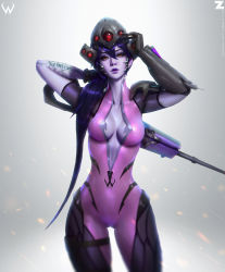 Rule 34 | 1girl, bodysuit, breasts, center opening, cleavage, colored skin, gun, head-mounted display, helmet, highres, lipstick, long hair, looking at viewer, makeup, md5 mismatch, medium breasts, overwatch, overwatch 1, ponytail, purple hair, purple lips, purple skin, resized, resolution mismatch, rifle, sniper rifle, solo, thigh gap, visor, weapon, widowmaker (overwatch), yellow eyes, zeronis