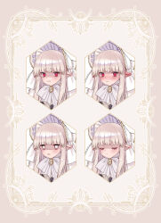 Rule 34 | 1girl, :&lt;, @ @, blush, bonnet, bow, brooch, close-up, closed eyes, commentary request, doll, empty eyes, expressions, frown, gold trim, grey hair, highres, holding, holding doll, jewelry, jitome, komiya nigi, lolita fashion, long hair, multiple views, original, parted lips, pointy ears, red eyes, white bow