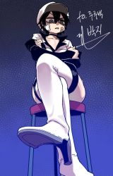 Rule 34 | bags under eyes, bandages, boots, from below, hat, high heel boots, high heels, highres, korean text, lee hoon, crossed legs, looking at viewer, looking down, male focus, parkgee, solo, suicide boy, thigh boots, thighhighs, white footwear