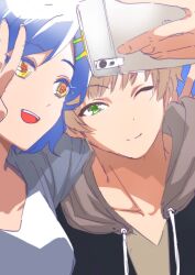 1boy 1girl absurdres asanaka_yomogi blue_hair brown_hair cellphone couple genderswap green_eyes gridman_universe gridman_universe_(film) hair_ornament hairclip hetero highres hood hoodie jacket minami_yume one_eye_closed phone quasar9th selfie shirt short_hair smartphone smile ssss.dynazenon yellow_eyes zooming_in