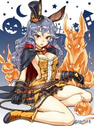 Rule 34 | 10s, 1girl, abo (hechouchou), animal ears, black gloves, boots, breasts, cape, cleavage, erune, ferry (granblue fantasy), ferry (halloween) (granblue fantasy), gloves, granblue fantasy, grey hair, halloween, hat, highres, jack-o&#039;-lantern, light purple hair, looking at viewer, rabbit ears, red eyes, shirt, sitting, skirt, solo, tongue, tongue out, top hat, whip, yokozuwari