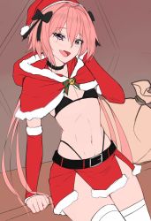 Rule 34 | 1boy, astolfo (fate), bag, bell, belt, black choker, bow, bowtie, bra, choker, christmas, elbow gloves, fang, fate (series), feet out of frame, flat chest, gloves, hair between eyes, hair bow, hat, highleg, highres, hood, hoodie, leaning, long hair, looking at viewer, navel, neck bell, open mouth, panties, pink hair, purple eyes, rev60, santa costume, santa hat, sidelocks, smile, solo, stomach, thighhighs, thighs, thong, tongue, trap, underwear, white thighhighs