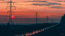 Rule 34 | aenamiart, artist name, building, city, cloud, commentary, english commentary, gradient sky, highres, lamppost, landscape, light, orange sky, original, outdoors, power lines, red sun, reflection, reflective water, river, scenery, sky, sun, sunset, transmission tower, tree, vanishing point