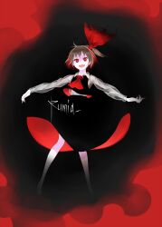 Rule 34 | 1girl, barefoot, black skirt, black vest, blonde hair, character name, collared shirt, fangs, full body, hair ribbon, highres, long sleeves, looking at viewer, o (crazyoton46), open mouth, red eyes, red ribbon, ribbon, rumia, see-through, see-through sleeves, shirt, short hair, skirt, smile, solo, touhou, vest, white shirt