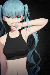 Rule 34 | 1girl, armpits, bare arms, bare shoulders, black shirt, blue eyes, blue hair, breasts, character name, commentary request, covered mouth, crop top, fingernails, hair between eyes, hand up, hatsune miku, highres, holding, ji dao ji, long hair, medium breasts, navel, shirt, sleeveless, sleeveless shirt, solo, twintails, upper body, very long hair, vocaloid