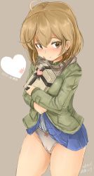Rule 34 | 1girl, ahoge, blue skirt, blush, box, brown eyes, brown hair, closed mouth, clothes lift, earrings, gift, gift box, green jacket, grey background, hair between eyes, heart, highres, jacket, jewelry, kantai collection, lifted by self, looking at viewer, medium hair, miniskirt, oboro (kancolle), okiraku nikku, one-hour drawing challenge, panties, simple background, skirt, solo, twitter username, underwear, white panties