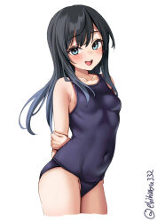 Rule 34 | 1girl, alternate costume, asashio (kancolle), black hair, blue eyes, blue one-piece swimsuit, blush, breasts, commentary, competition school swimsuit, covered navel, cowboy shot, ebifurya, highres, kantai collection, long hair, looking at viewer, one-hour drawing challenge, one-piece swimsuit, school swimsuit, skin tight, skindentation, small breasts, smile, solo, swimsuit, twitter username, white background