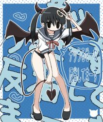 Rule 34 | 1girl, black eyes, black hair, black panties, blue background, blue sailor collar, border, closed mouth, demon tail, empty eyes, expressionless, full body, hair bobbles, hair ornament, hand up, high heels, holding own tail, horns, leaning forward, looking at viewer, no pants, original, outline, outside border, panties, polka dot, polka dot background, sailor collar, school uniform, serafuku, shirt, short sleeves, solo, speech bubble, standing, tail, text background, translation request, twintails, umi ha kirai, underwear, v, white border, white outline, white shirt, wings