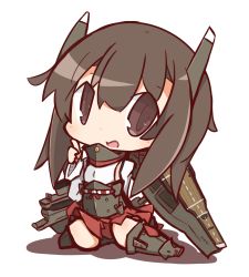 Rule 34 | 10s, 1girl, bike shorts, black footwear, boots, brown eyes, brown hair, chibi, commentary, corset, flight deck, hair between eyes, headband, headgear, highres, kantai collection, long sleeves, looking at viewer, machinery, nuu (nu-nyu), open mouth, pleated skirt, red skirt, short hair, simple background, sitting, skirt, solo, taihou (kancolle), thigh boots, thighhighs, white background