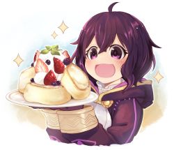 Rule 34 | 1girl, black hair, fire emblem, fire emblem awakening, food, fruit, gloves, highres, holding, holding plate, hood, hood down, long sleeves, morgan (female) (fire emblem), morgan (fire emblem), nakabayashi zun, nintendo, open mouth, plate, purple eyes, short hair, simple background, solo, strawberry, white background