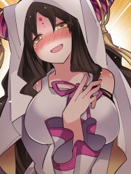 Rule 34 | 10s, 1girl, blush, breasts, brown hair, commentary request, facial mark, fate/extra, fate/extra ccc, fate (series), forehead mark, hammer (sunset beach), hood, large breasts, long hair, open mouth, sessyoin kiara, smile, solo, upper body, yellow eyes