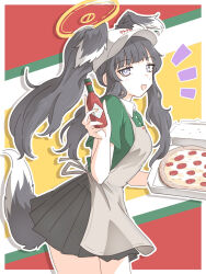 1girl :d animal_ears apron baseball_cap black_hair black_skirt blue_archive border bottle box commentary_request cowboy_shot dog_ears dog_girl dog_tail extra_ears food from_side green_background green_shirt grey_apron halo hands_up hariyaa hat hibiki_(blue_archive) highres holding holding_bottle holding_box long_hair miniskirt notice_lines official_alternate_costume open_mouth papa_john&#039;s pizza pizza_box pleated_skirt purple_eyes red_background shirt skirt smile solo tail twintails white_background white_border white_hat yellow_background yellow_halo