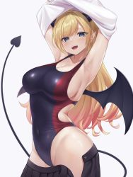 Rule 34 | 1girl, :d, armpits, arms up, black skirt, blonde hair, blue eyes, blue one-piece swimsuit, breasts, clothes lift, clothes pull, competition swimsuit, covered navel, demon girl, demon horns, demon tail, demon wings, gradient hair, highres, hololive, horns, large breasts, looking at viewer, multicolored hair, nekorone0222, one-piece swimsuit, open mouth, pointy ears, red hair, shirt lift, skirt, skirt pull, smile, solo, swept bangs, swimsuit, tail, virtual youtuber, wings, yuzuki choco