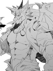 Rule 34 | 1boy, abs, bara, bare pectorals, broken fang, claws, collared shirt, commentary, dragon boy, dragon horns, dragon wings, egg necklace, furry, furry male, greyscale, hand up, highres, horns, jacket, jacket on shoulders, large pectorals, male focus, monochrome, muscular, muscular male, nizitaro, open fly, ophion (housamo), pectorals, scales, shirt, simple background, smile, solo, stomach, suspenders, tokyo houkago summoners, upper body, white background, wings