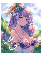 Rule 34 | 1girl, bikini, commentary, flower, flower armlet, flower bikini, hair flower, hair ornament, highres, long hair, looking at viewer, looking to the side, macross, macross delta, mikumo guynemer, polaroid, purple hair, red eyes, shimatani azu, smile, solo, swimsuit, symbol-only commentary