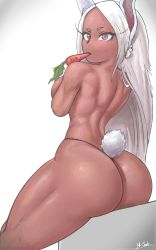Rule 34 | 1girl, animal ears, artist name, ass, back, boku no hero academia, breasts, carrot, dark-skinned female, dark skin, female focus, highres, huge ass, large breasts, long hair, looking at viewer, looking back, mirko, mrjack, muscular, muscular female, rabbit ears, rabbit girl, rabbit tail, red eyes, signature, sitting, solo, tail, thick thighs, thighs, thong, topless, white background, white hair