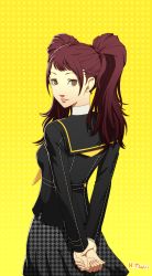 Rule 34 | 1girl, absurdres, arms behind back, black sailor collar, black shirt, brown eyes, brown hair, earrings, from behind, hayatetsujimoto, highres, jewelry, kujikawa rise, long hair, long sleeves, looking at viewer, looking back, miniskirt, neckerchief, official style, parted lips, persona, persona 4, pleated skirt, print skirt, sailor collar, school uniform, serafuku, shirt, skirt, smile, soejima shigenori (style), solo, standing, twintails, yellow background, yellow neckerchief