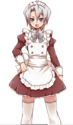Rule 34 | 1boy, apron, blue eyes, character request, copyright request, crossdressing, dress, grey hair, looking at viewer, maid, maid apron, male focus, open mouth, simple background, solo, thighhighs, tobi (one), white background, zettai ryouiki