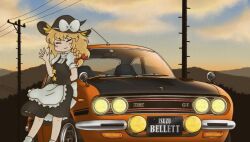 Rule 34 | 1girl, apron, back bow, black hat, black skirt, black vest, blonde hair, blue sky, blush, bow, braid, breasts, car, closed eyes, closed mouth, cloud, cookie (touhou), feet out of frame, frilled apron, frills, hair bow, hat, hat bow, isuzu bellett, kirisame marisa, long hair, medium bangs, mgrm ysnr, motor vehicle, outdoors, petticoat, power lines, puffy short sleeves, puffy sleeves, pun, red bow, shirt, short sleeves, single braid, skirt, skirt set, sky, small breasts, smile, solo, star (symbol), sunset, suzu (cookie), touhou, turtleneck, utility pole, v-shaped eyebrows, vest, waist apron, waist bow, waving, white apron, white bow, white shirt, witch hat