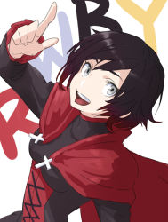 Rule 34 | 1girl, black hair, cape, corset, dress, gradient hair, grey eyes, looking at viewer, multicolored hair, muzy, pointing, pointing up, red hair, ruby rose, rwby, smile, solo