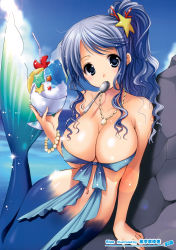 Rule 34 | 1girl, absurdres, arm support, artist name, azuma yuki, bandeau, bare shoulders, bead bracelet, bead necklace, beads, bikini, bikini top only, blue bikini, blue eyes, blue hair, blush, bottomless, bracelet, breasts, cleavage, cloud, collarbone, coral, covered erect nipples, cup, day, drinking straw, fins, food, front-tie bikini top, front-tie top, fruit, full body, groin, hair ornament, head tilt, high ponytail, highres, holding, holding food, image sample, jewelry, large breasts, leaning to the side, lens flare, light particles, long hair, looking at viewer, matching hair/eyes, mermaid, monster girl, mouth hold, navel, necklace, ocean, original, outdoors, page number, parted bangs, pencil, ponytail, rock, scan, seashell, shadow, shaved ice, shell, shiny skin, sidelocks, sitting, sky, solo, sparkle, spoon, starfish, swept bangs, swimsuit, tail, utensil in mouth, water, wavy hair