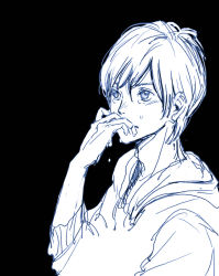 Rule 34 | 1boy, black background, blue theme, blush, kaito (vocaloid), long sleeves, male focus, monochrome, simple background, solo, sweater, upper body, vocaloid, yuzuko