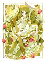 Rule 34 | 1girl, buttons, dress, drill hair, food, fork, frilled dress, frills, green eyes, green hair, hair ribbon, hat, highres, long hair, long sleeves, looking at viewer, open mouth, original, pasta, plate, ribbon, saijo1201, shoes, solo, standing, thighhighs, tomato, twin drills, twitter username, very long hair