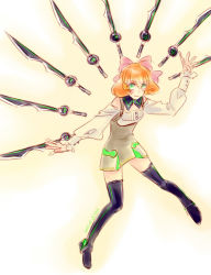 Rule 34 | 1girl, android, bare shoulders, black thighhighs, blush, bow, breasts, closed mouth, curly hair, detached sleeves, dress, facing viewer, floating, floating object, floating sword, floating weapon, floating weapons, full body, green eyes, hair between eyes, hair bow, hair ornament, hair ribbon, hand up, happy, long sleeves, medium breasts, multiple swords, musukichi, orange hair, outstretched arm, penny polendina, pink bow, pink ribbon, ribbon, rwby, short hair, skirt, smile, standing, sword, thighhighs, weapon